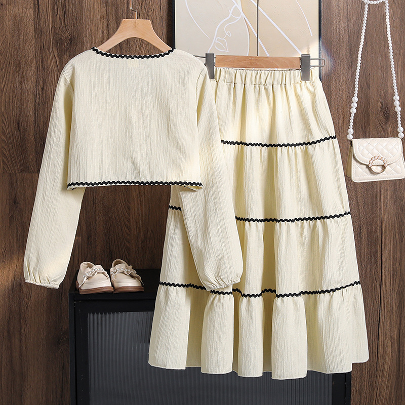 Mädchen Langarmshirt Mit Schleife Und Spitzenrock Herbst Set_voghion.com