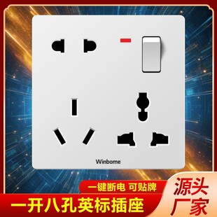 British Standard One-Open Multi-Function Eight-Hole White Wall Socket Wholesale Socket Panel with Switch Control Socket Power Off