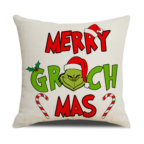 Cross-border new linen Christmas throw pillow cover Grinch print cushion cover home decor throw pillow cover