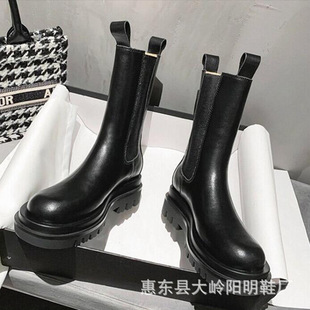 Genuine Leather Martin boots for women British style mona Internet celebrity same style thick bottom mid-calf cigarette holder motorcycle Chelsea short boots