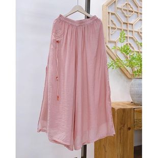 2025 Summer New Style Artistic National Suzhou Embroidered Cotton and Linen Wide-Leg Pants for Women Summer New Style Double-Layer Elastic Waist Opening