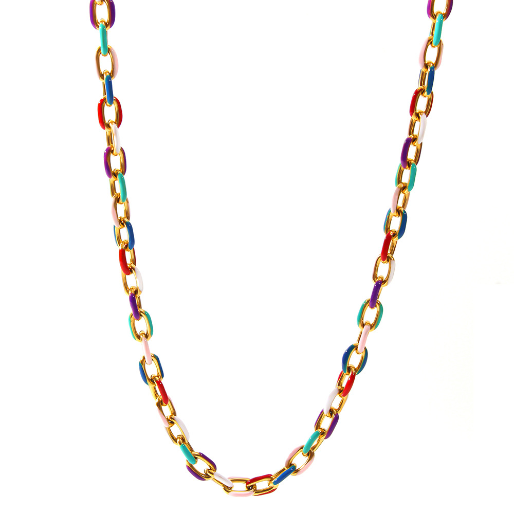 Collar de aceite de goteo de acero inoxidable transfronterizo europeo y americano, esmalte de dopamina, colorido, cadena cubana, collar, pulsera