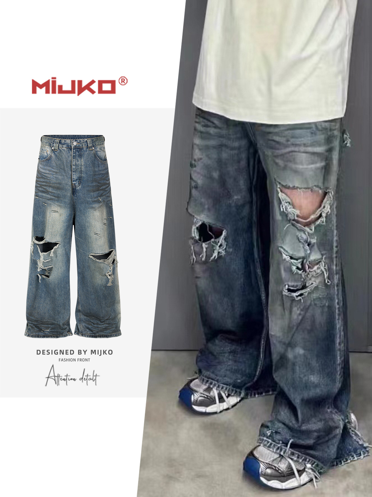 Mijko Men's tear -to -hole long pants