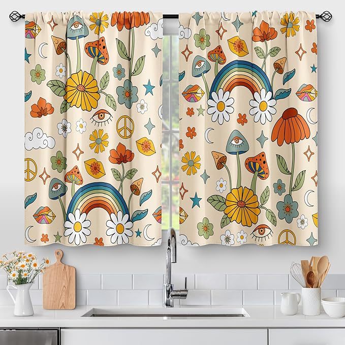Foreign Trade New Interesting Rainbow Daisy Flower Print Curtains Kitchen Cafe Restaurant Decorative Curtains Window Curtains