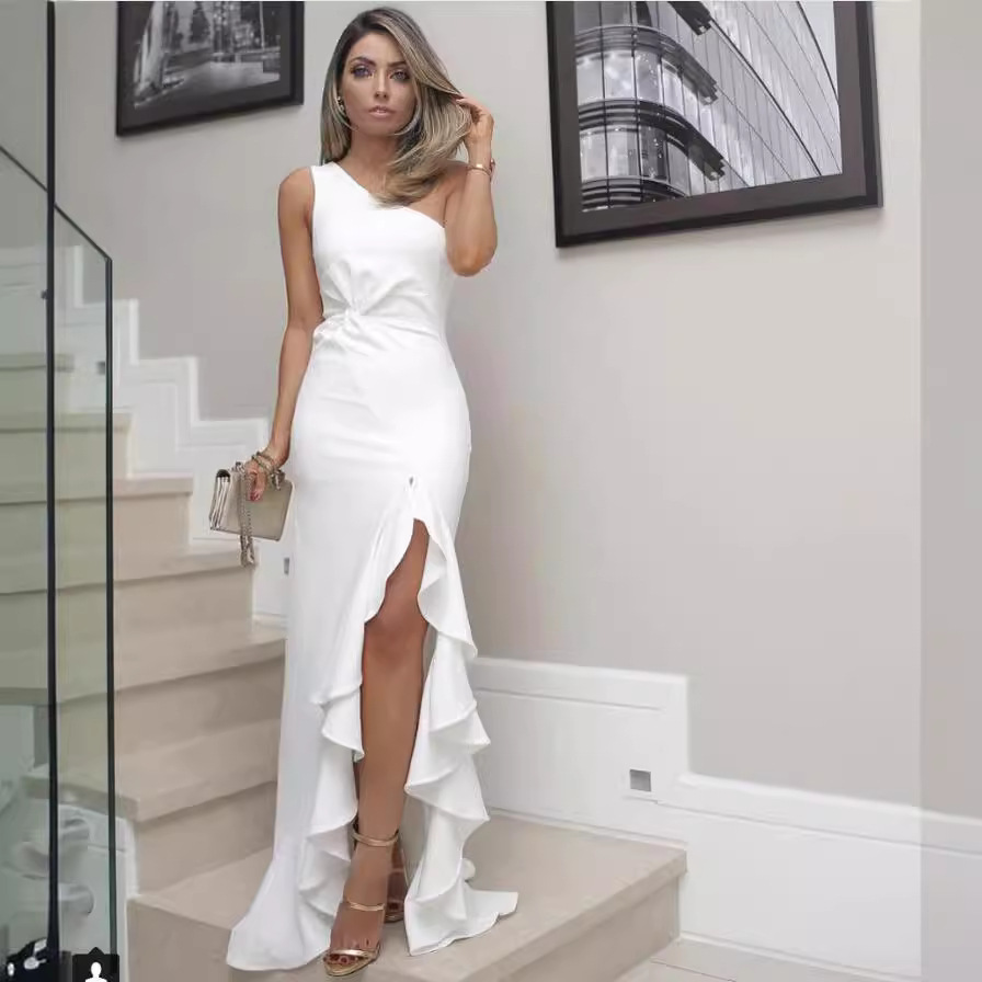 Abendkleid für Damen, Sommer, Rüschensaum, großer Schlitz, bodenlang, einfarbig, mit Internet-Berühmtheiten, grenzüberschreitendem Design_voghion.com