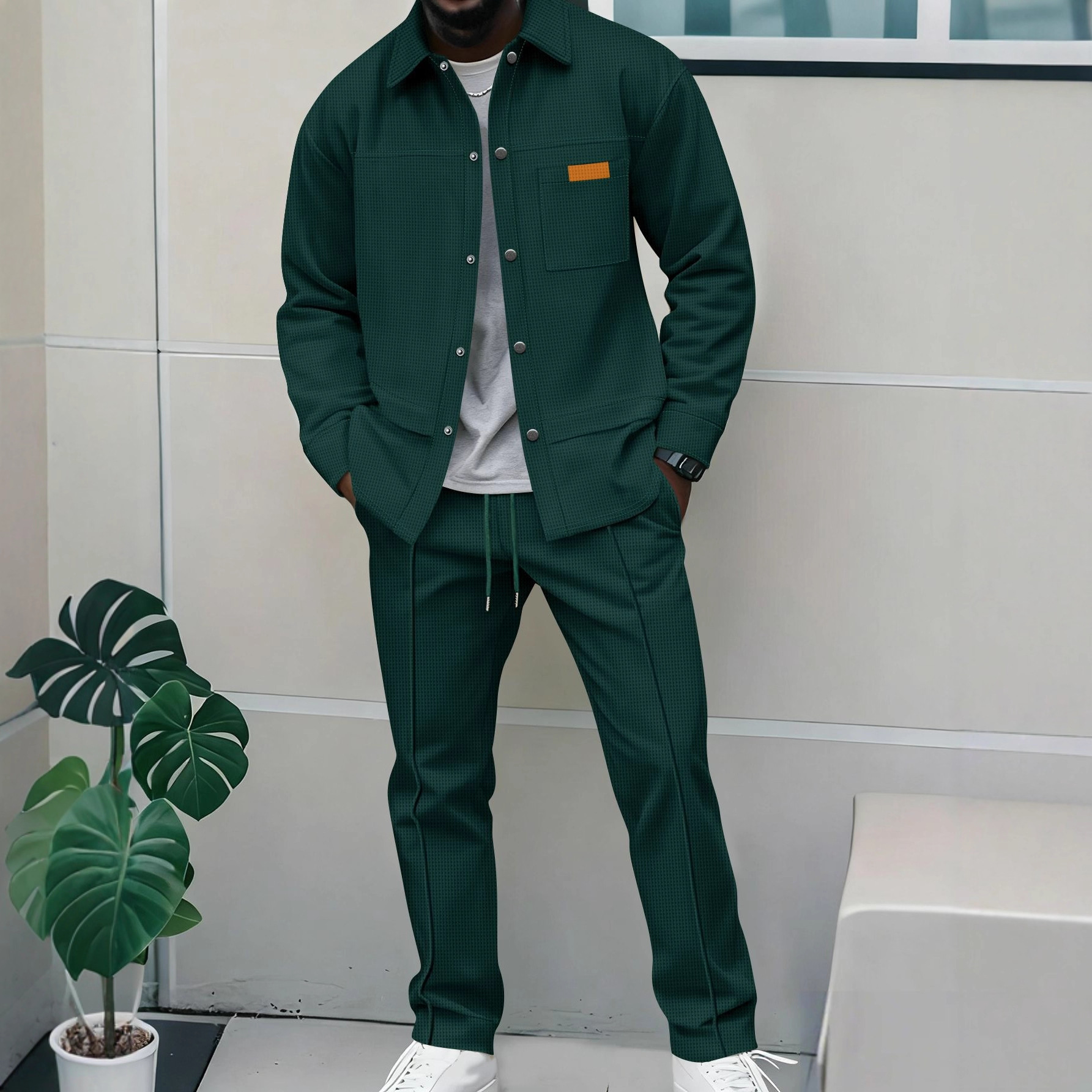 2025 European And American Cross-border Men's Autumn New Waffle Pattern Solid Color Turn-down Collar Pocket Long-sleeve_voghion.com