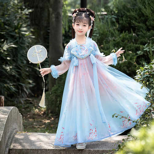 Girls kids blue color chinese hanfu stage performance Han Tang film cosplay fairy princess for children birthday party celebration kimono dress