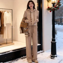 美式休闲运动百搭套装女秋季新款时尚炸街连帽卫衣阔腿裤两件套潮