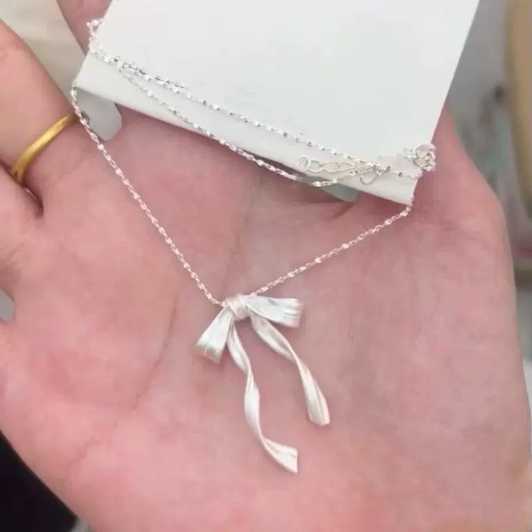 法式轻奢蝴蝶结项链女小众磨砂立体蝴蝶结项链飘带仙气锁骨链