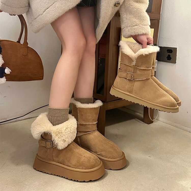 小个子厚底雪地靴25冬季新款圆头百搭加绒加厚两穿翻毛短筒雪地棉|undefined