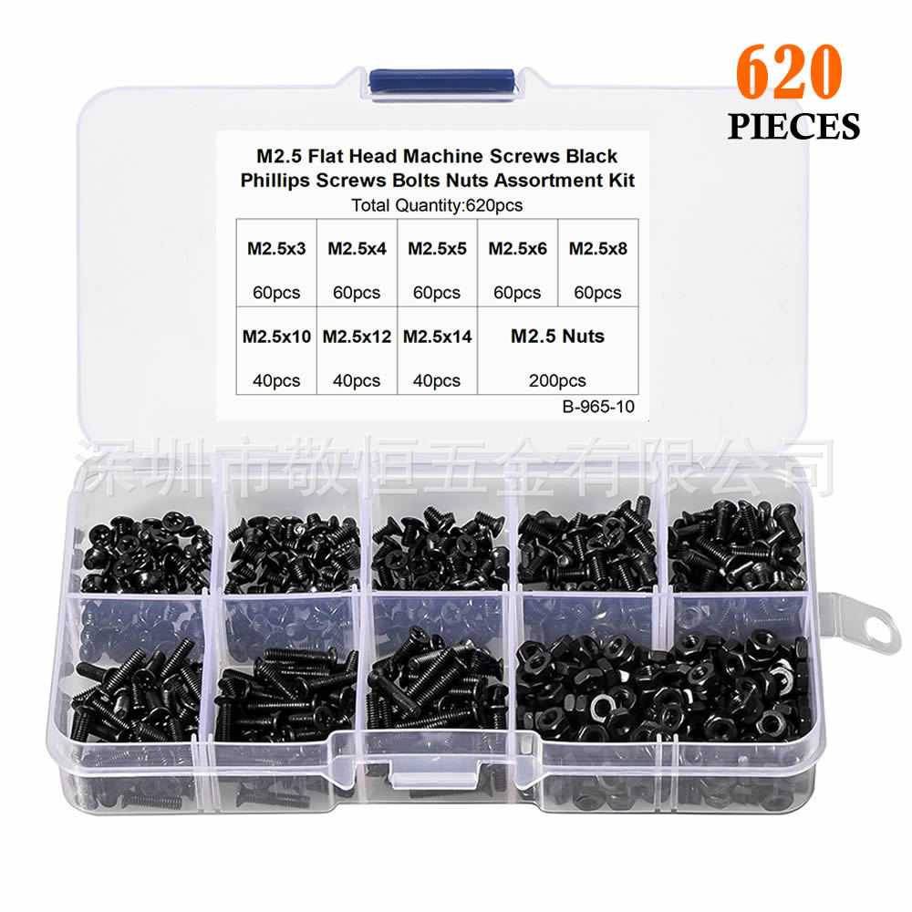 620pcs M2.5黑色碳钢十字沉头平头机丝螺丝钉配六角螺母盒装