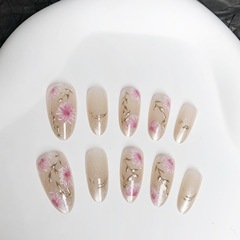 粉色花花穿戴甲短杏仁貓眼鎏金花枝甜美粉小清新可拆卸假指甲