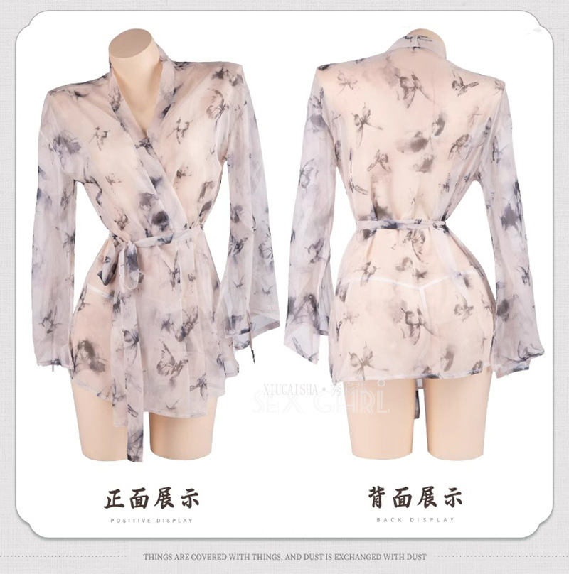 Butterfly Print Sheer Chiffon Kimono Robe Set with Belt and Thong — detail image 19