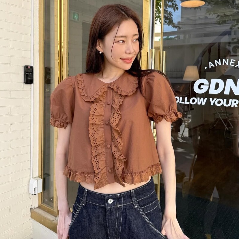 Korean-Style Ins French-Inspired Chic Loose-Fitting Brown Doll Collar Lace Shirt for Women Korean-Style Ins French-Inspired Chic Loose-Fitting Brown Doll Collar Lace Shirt for Women