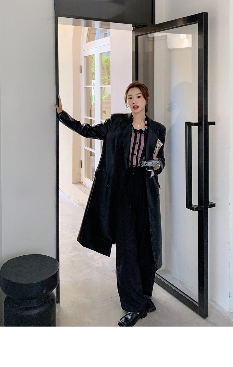 Women's Black Pu Leather Blazer Slim Fit Elegant Spring Coat_voghion.com