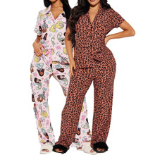 跨境欧美亚马逊2025秋舒适女装印花开襟短袖家居高腰系带长裤套装