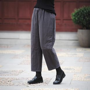 Cotton and Linen Women's Autumn and Winter Artistic Casual Quilted Warm Loose Retro Slim Cotton Pants Casual Pants
