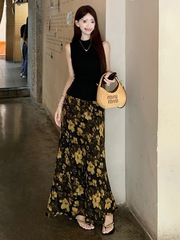 辣妹修身背心上衣气质碎花A字高腰半身裙2025夏季时尚两件套装女