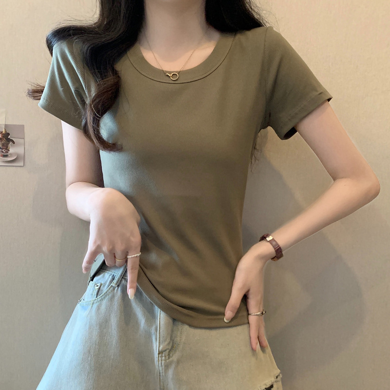 春夏の女性用イレギュラー右肩半袖Tシャツ、大きいサイズのトップス、女性用夏用スリムフィットで多用途なラウンドネック無地ボトムシャツ|undefined