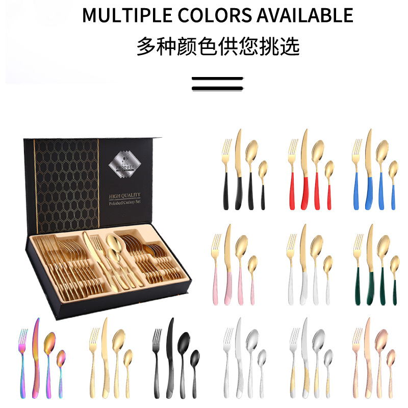 Juego de Cubiertos de Acero Inoxidable de 24 Piezas en Caja de Regalo, Diseño de Estrella y Diamante, Cuatro Piezas Principales, para Hotel, Restaurante, Comida Occidental, Cuchillo, Tenedor, Cuchara