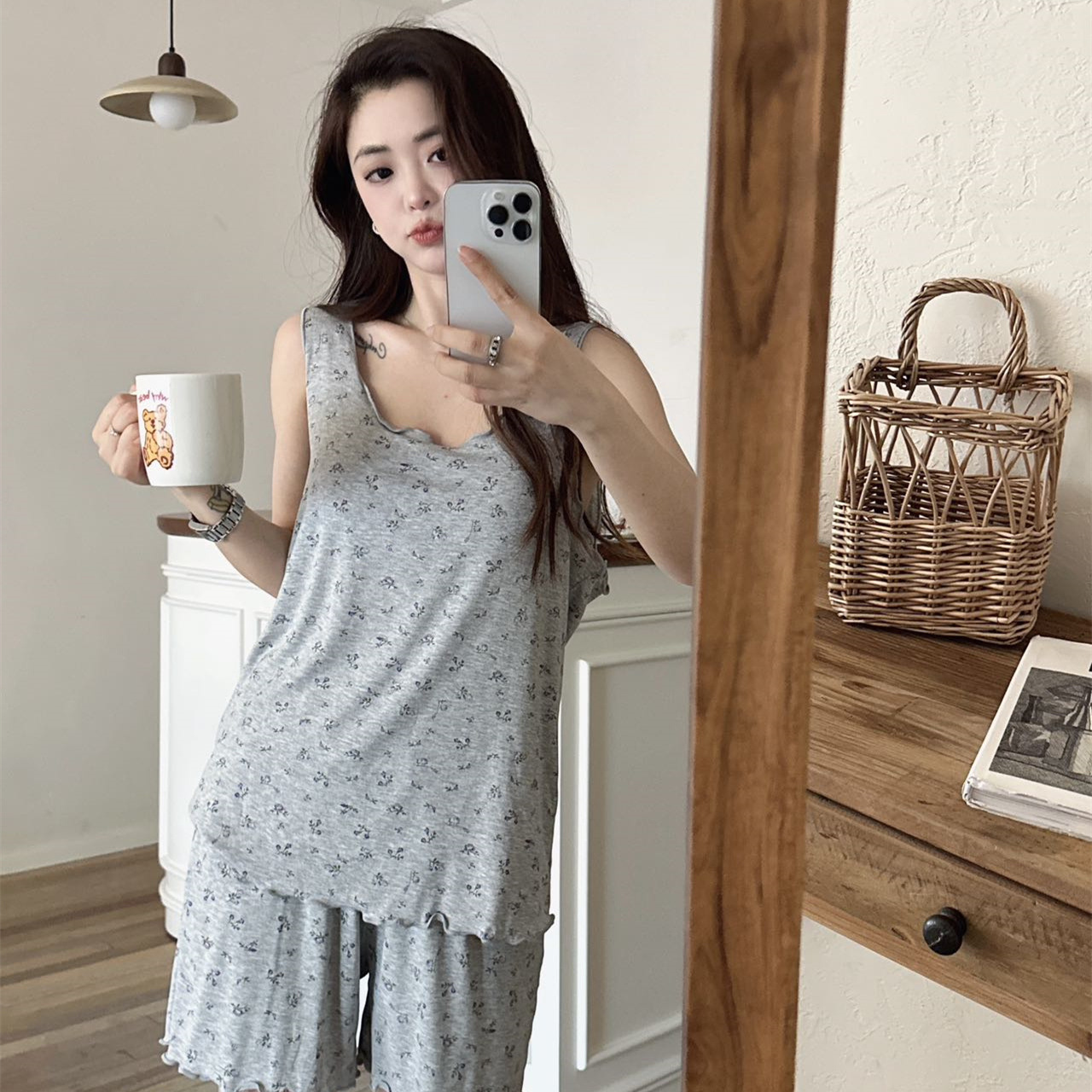 2025 New Summer Vest with Bra Pure Cotton Small Floral with Breast Pad Long Skirt Nightgown Suit Home Clothes Can Be Worn Outside