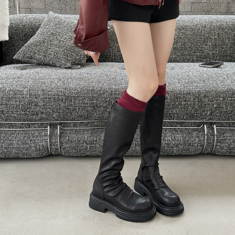 Nuevo estilo de otoño e invierno, botas de media pantorrilla con tacón grueso, punta redonda, plisadas y elásticas, botas de montar para mujer.