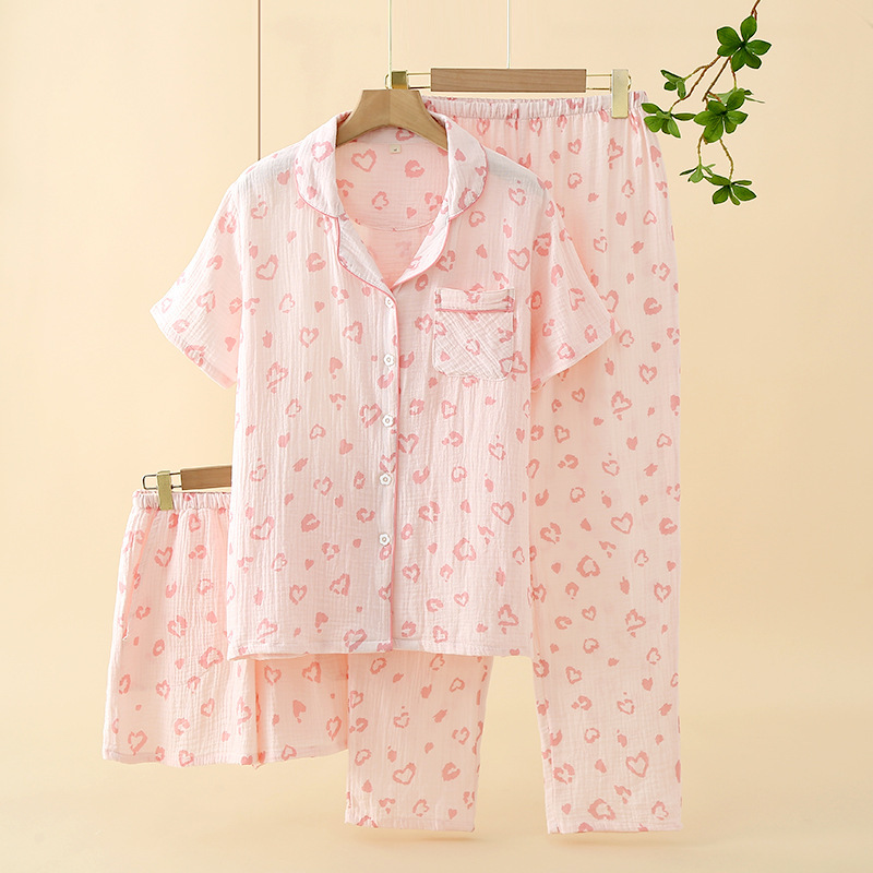 Women's Crepe Cotton Yarn Short-sleeved Trousers Shorts Three-piece Set Spring Summer Autumn Thin Cross-border Cotton Pajamas Home Clothes