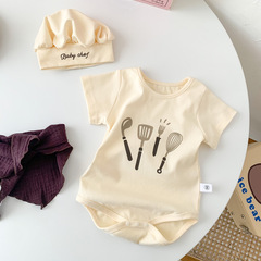 Ins 2023 Summer Infant Chef Costume Style Onesie Set for Babies and Toddlers, Newborn Outfit with Short Sleeve Bodysuit