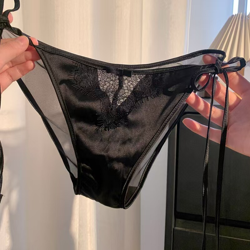 French-Style Satin Lace-Up Panties for Women, with Detachable Straps on Both Sides, Sexy Pure Desire Lace Panties, Comfortable