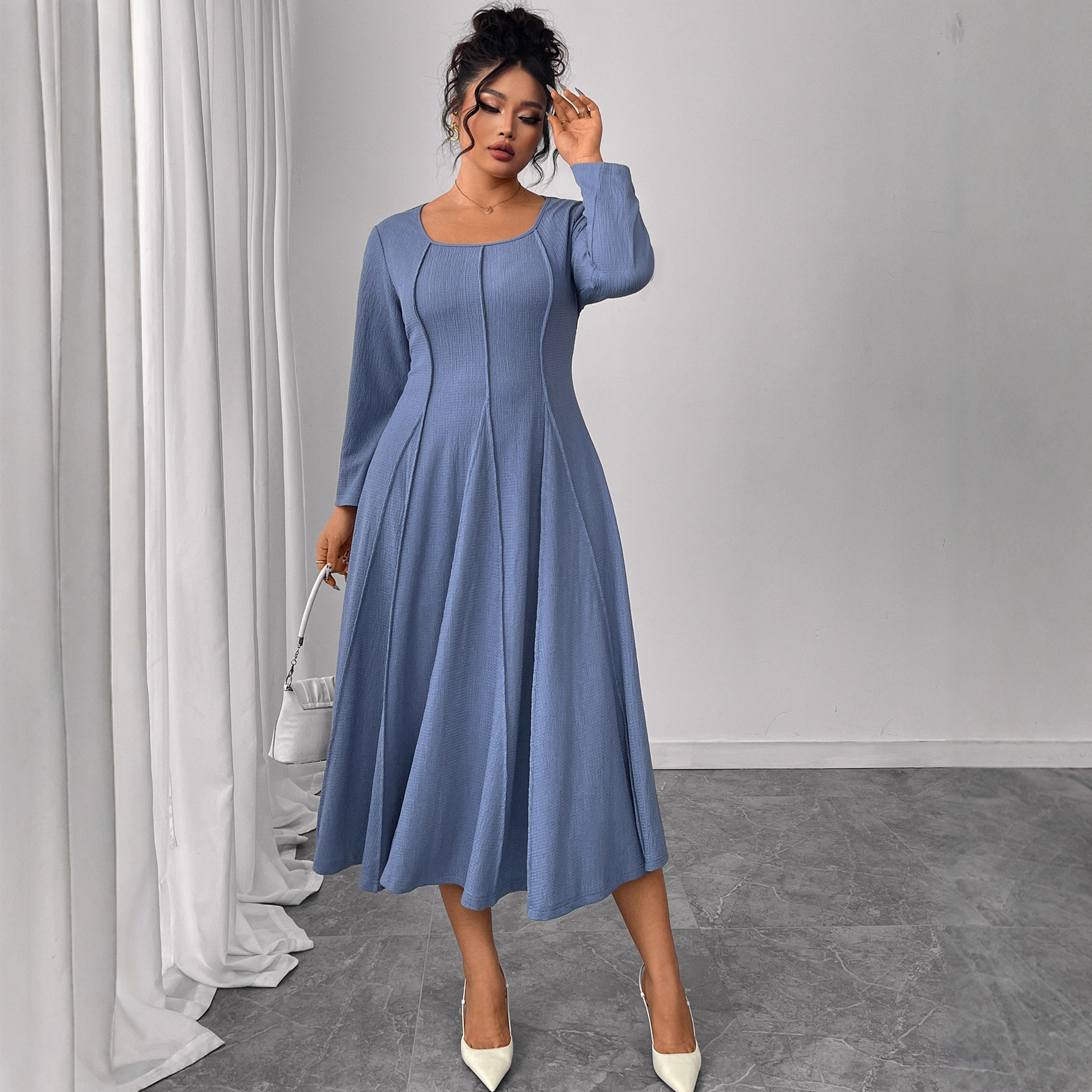 New long-sleeved dress for early autumn in European and American foreign trade. Amazon square collar, plus-size, loose, high-waisted, slimming long dress for chubby girls