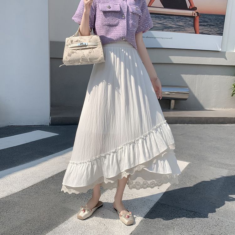 Irregular Ruffled Water-Soluble Lace Midi Skirt 2025 New Sweet Petite Versatile Mid-Length Skirt