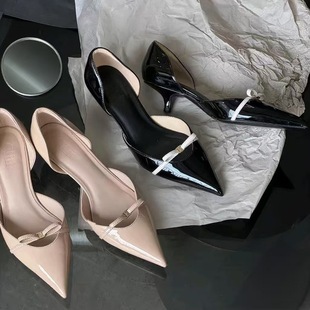 In-Stock Vintage French-Style Pointed Toe Bowknot Metal Buckle Elegant Closed-Toe Hollow Shallow Mouth Stiletto Sandals for Women