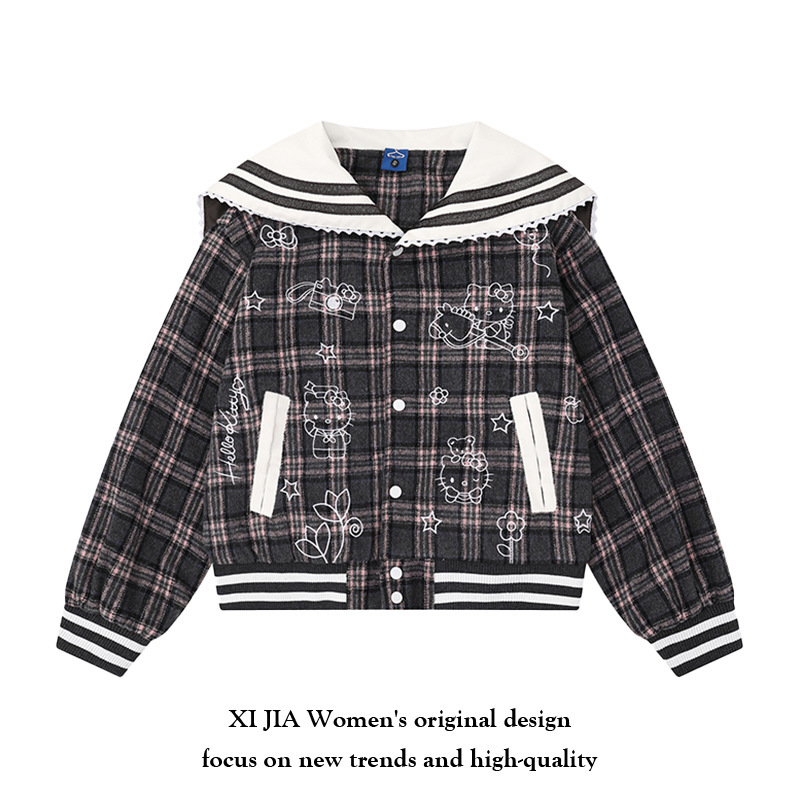 Retro Hello Kitty Embroidered Navy Collar Plaid Short Jacket Women's 2025 Autumn New College Style Loose Jacket