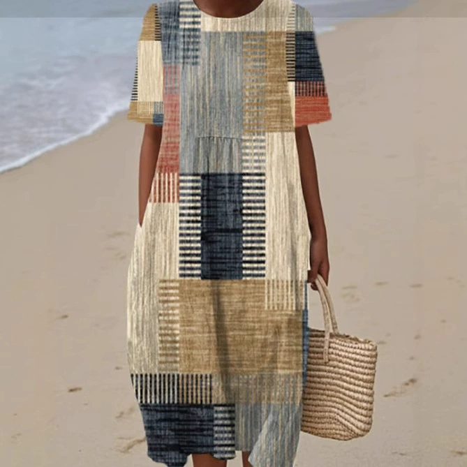 2025 Европейская и американская весенне-летняя новая повседневная элегантная длинная юбка с короткими рукавами и принтом, облегающая маленькая свежая повседневная юбка