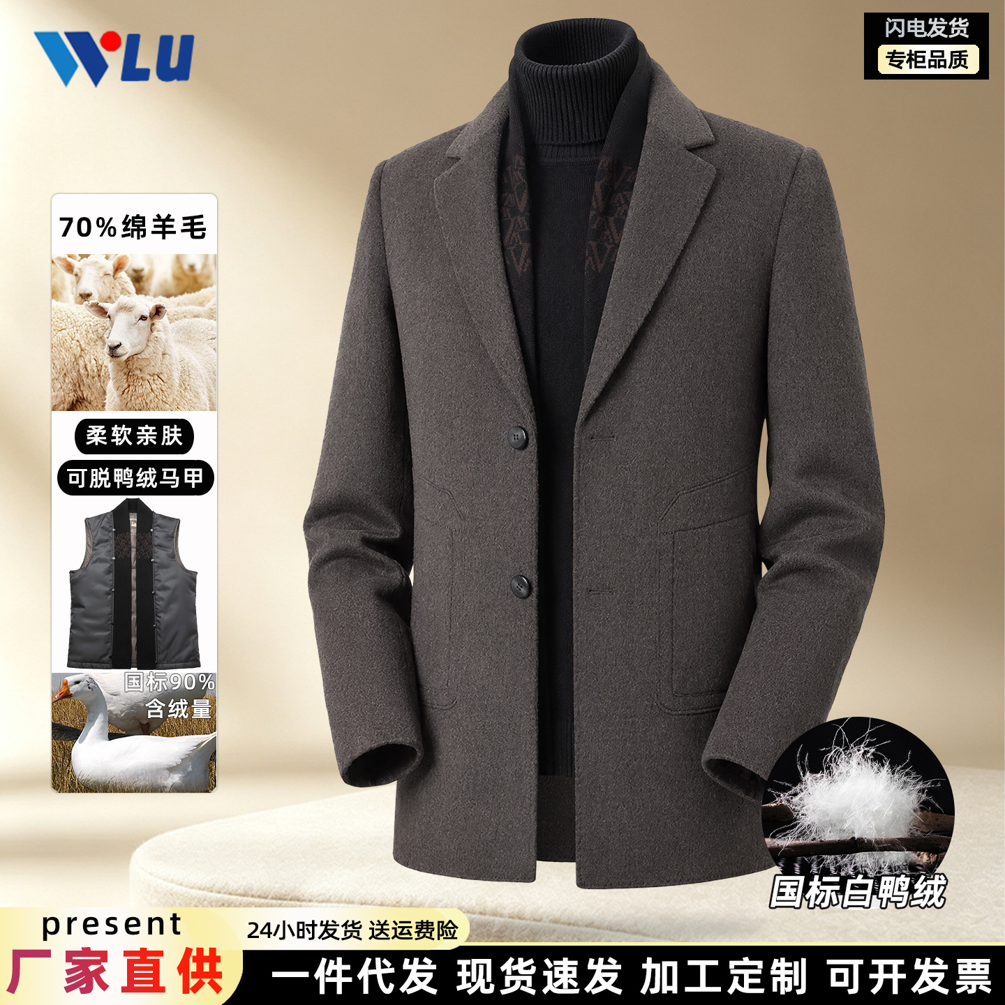 70羊毛呢工装西装冬季加厚可脱内胆商务休闲通勤双面呢子单西外套