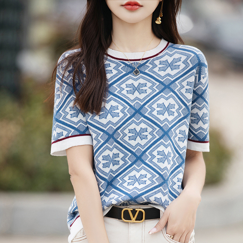 Summer new full solid color sweater cotton and linen short sleeve women's T-shirt women's round neck blue and white porcelain jacquard vest foreign trade wholesale