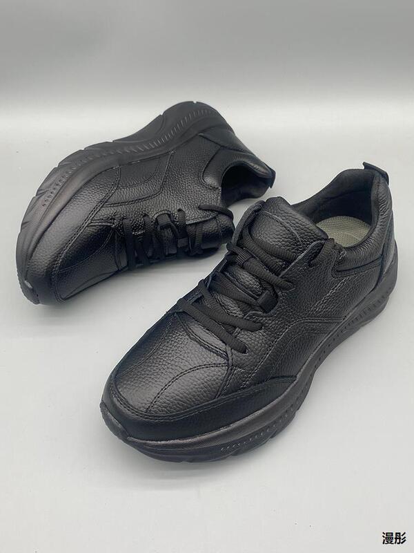First-Layer Cowhide Casual Sports Men's Shoes, Soft Soles, Lightweight Spring and Autumn Thick Soles, Comfortable Walking Shoes, Leather-Covered Black Dad Shoes