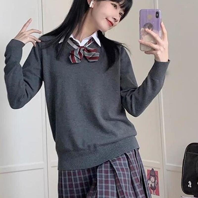 学院风秋冬新款制服毛衣套头领长袖百搭少女美拉德叠穿针织衫|undefined