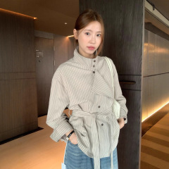 设计感时髦立领两穿风衣式长袖衬衫女秋季新款绑带收腰气质上衣