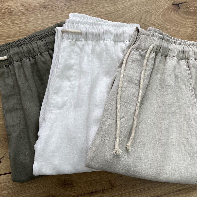 High-end pure linen pants men's summer thin small foot nine-pants men's casual pants white straight linen trousers