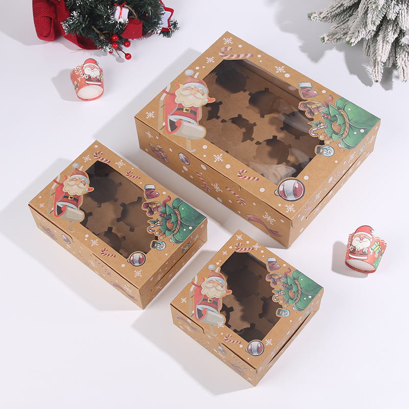 圣诞节纸杯蛋糕包装盒4格6粒装12粒杯子蛋糕盒烘焙甜品礼物打包盒