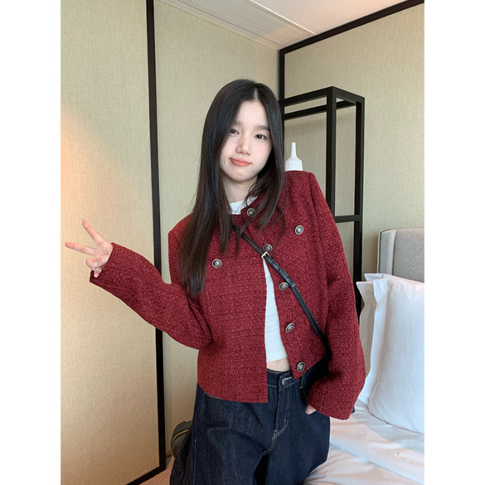 藏蓝色短款小香风单排扣外套复古高级休闲宽松长袖上衣女|undefined