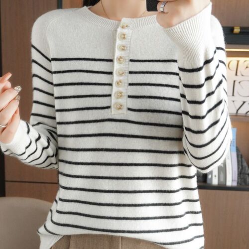 Autumn/Winter Striped Crew-Neck Sweater with Belt, Women's Long-Sleeve Knit Top – Bold Colorblock Pullover Base Layer