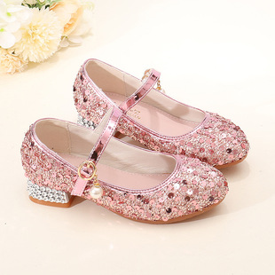 Girls High Heels All-match New Girls Shoes Fashion Show Performance Host Shoes Children's silver Crystal Princess Shoes