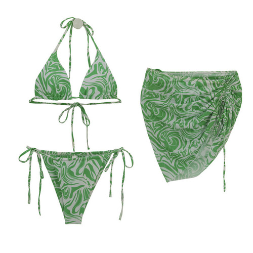  new European and American women's split printed mesh three-piece swimsuit hot girl sexy hot spring beach swimsuit