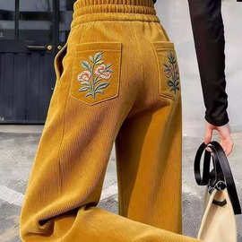 灯芯绒 高腰显瘦花朵休闲阔腿裤女2026年新款时尚宽松休闲直筒裤