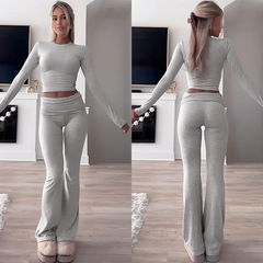 外国貿易のレジャートレーニングの女性の2つのセットの丸首の長袖の低い腰のスピーカーのズボンのスポーツ服のセットの卸売りの2つのセット