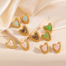 欧美不锈钢时尚复古心形爱心耳钉镶嵌防琥珀耳饰适合女士日常百搭