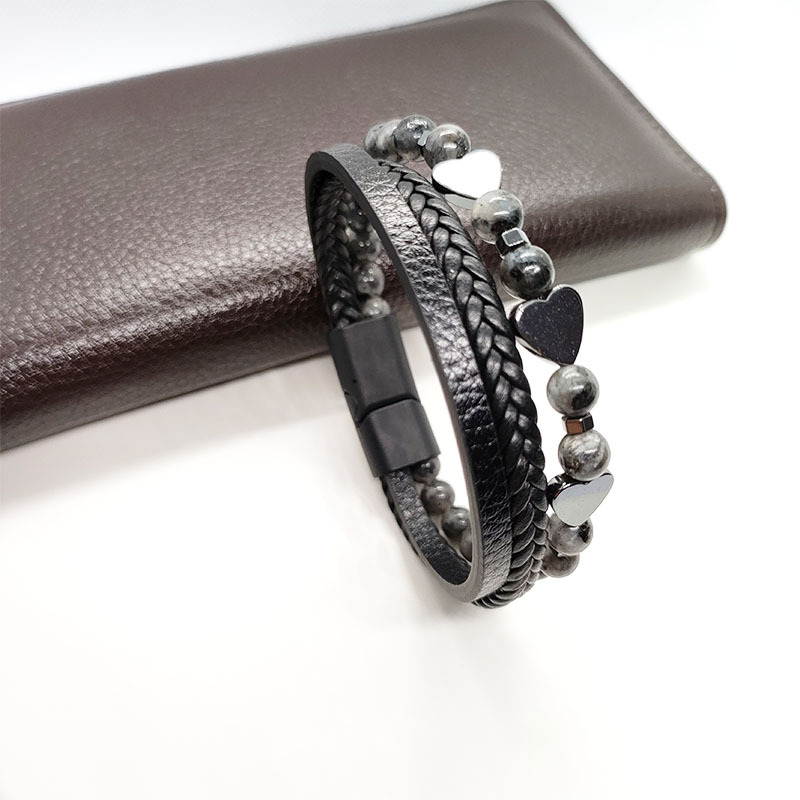 29g Weight Bracelets Classification Leather Rope Chain Material Twisted Rope Chain Chain Type 1 Piece Quantity Holiday, Daily Occasion Alloy, black gallstone Material Heart Shape Pattern All Seasons Season Men's Gender Retro Style Retro Heart Shape Alloy Black Gallstone Men's Bracelets Men Cord & Leather Bracelets 15
