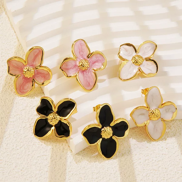 Amazon's Best-Selling Cross-Border New French Retro Flower Drip Glaze Titanium Steel Earrings for Women Oil-Drip Colorful Flower Earrings